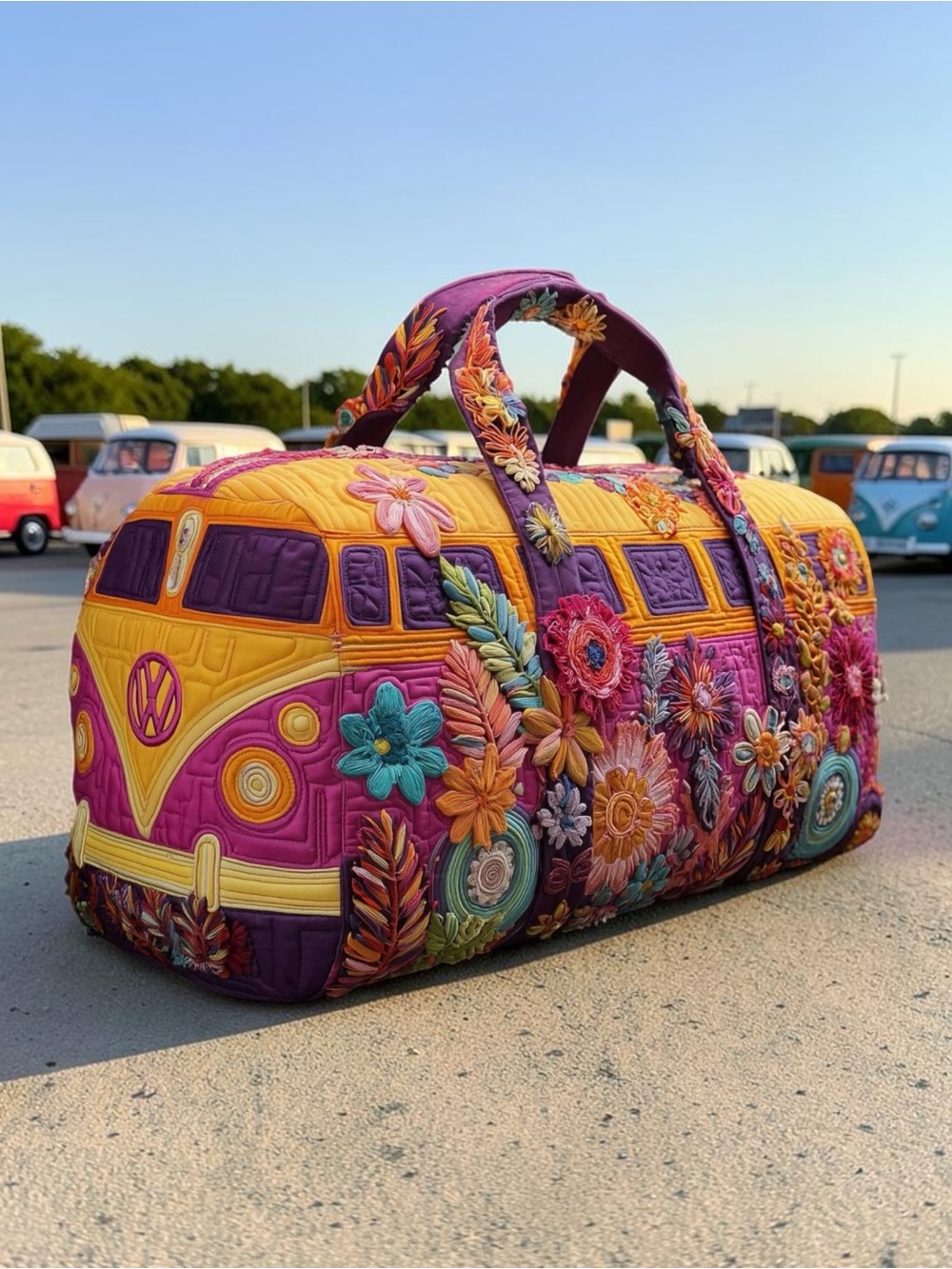 Retro Boho Hippie Van Quilted Duffle Bag Weekender Travel Floral Gym Tote - Picture 3 of 5